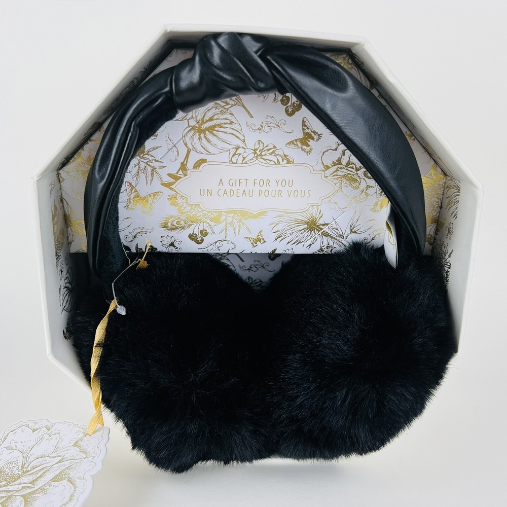 House of Harlow 1960 Black Faux Fur Earmuffs Faux Leather Headband NWT with Box